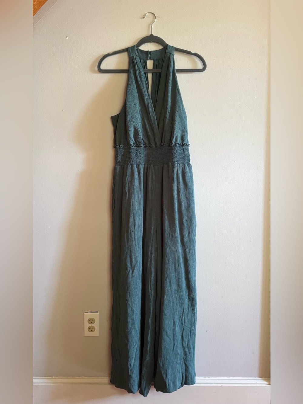 Anthropologie Teal Crinkle Halter Wide Leg Jumpsuit Smocked Waist Size L